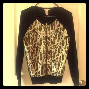 Cache sequin animal print zip up sweater